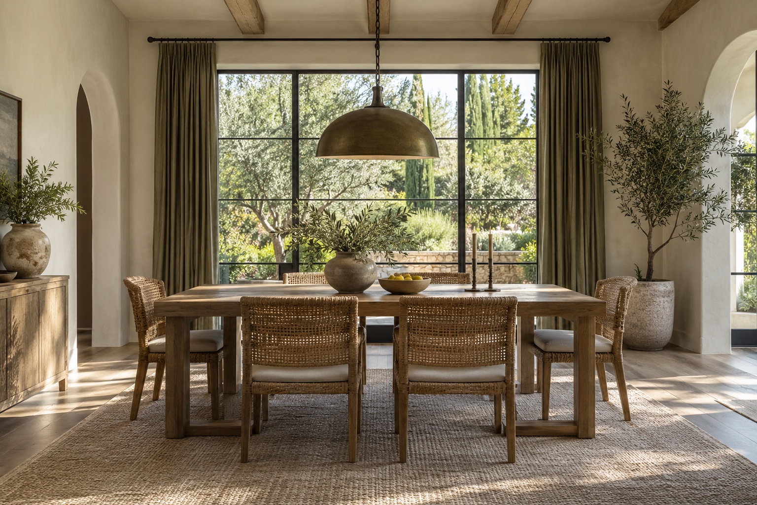 Santa Barbara-inspired dining room with an oak table and garden views